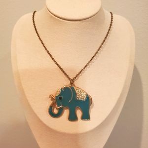 Gold Tone Teal Elephant Pendant Necklace